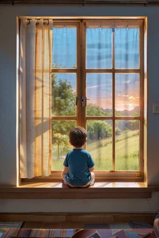 (solo),  (,8k,  masterpiece,  top quality,  best quality and aesthetic:1.2,  professional illustrasion:1.1,  ultra detail:1.3,  perfect lighting),  extremely detailed,  highest detailed,  incredibly absurdres,  highres,  ultra detailed,  intricate:1.6,  (((Little boy))), watching the window, bright room, toys in the room, looking under the window, serene vibe, Detailed window, nature in the window, natural light, sunlight through the window, (((big curtains, curtains in the wind))), (((Late afternoon lighting))), Ultra detailed room, (((realistic))), (((sunset lighting)))