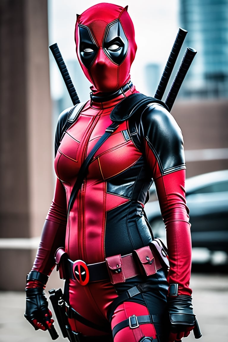 A photograph of a girl dressed as Deadpool, with vibrant colors and dynamic poses, capturing the essence of heroism.