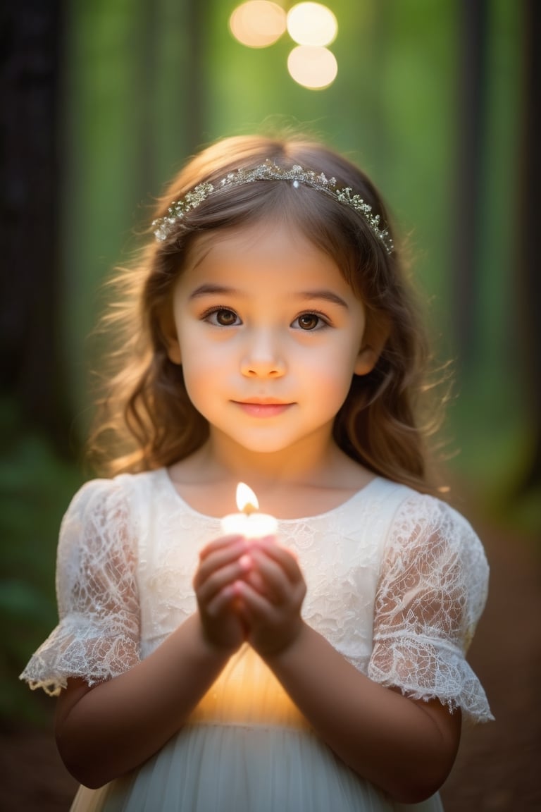  color photo of a close-up of a cute little girl, her hands delicately holding the concept of eternity. The forest background adds a sense of enchantment, with soft glowing lights filtering through the trees. The girl's innocent expression and gentle grasp evoke a sense of wonder and awe.