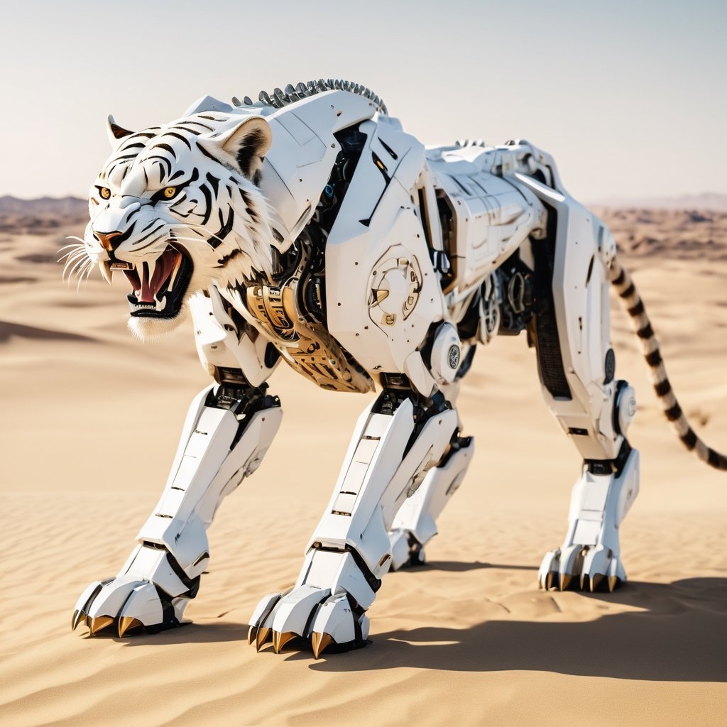 realistic photo of a futuristic neo primitive robot sabertooth tiger with mechanical joints style Zack Snyder white textur...