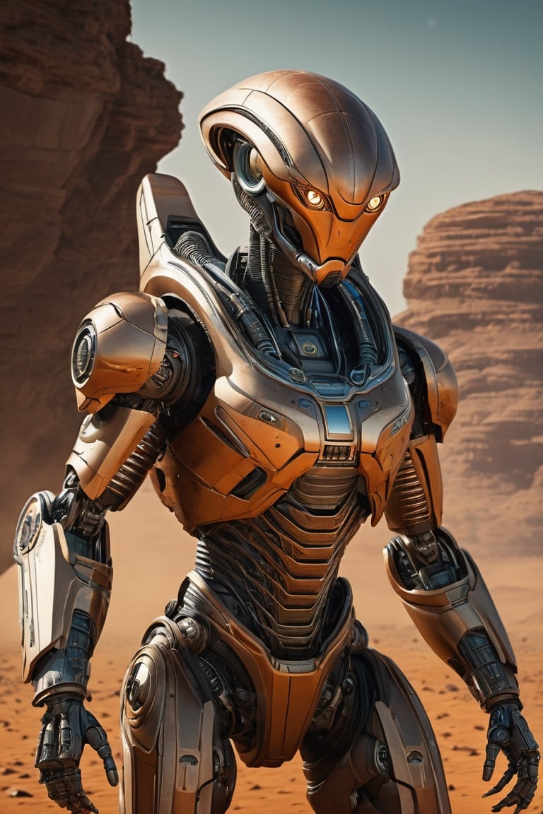 Robot Alien from Mars, science fiction, drama, 

photorealistic, intricate details, realistic details, best quality,  beautiful detailed, insanely detailed, 

portrait photography , masterpiece,perfect composition, concept art, 
award - winning photograph,  trending on artstation,  concept art, volumetric cinematic scene