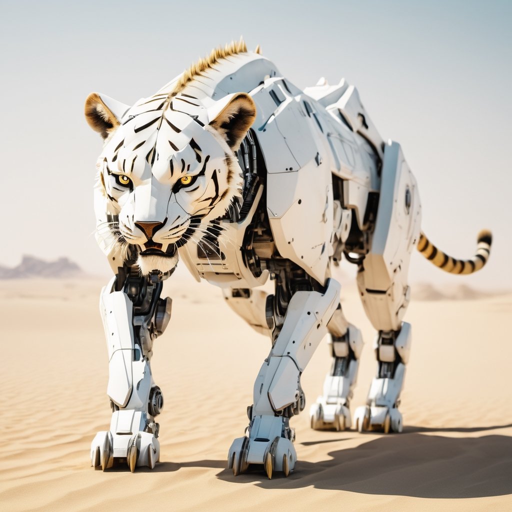 realistic photo of a futuristic neo primitive robot sabertooth tiger with mechanical joints blade runner style white textu...