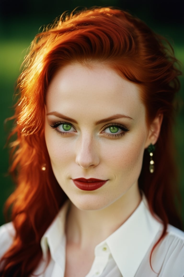 A Photograph: A gothic portrait capturing a woman with piercing green eyes, fiery red hair, and a slight smile in a formal white blouse. Warmly lit, medium format shot with a Hasselblad.