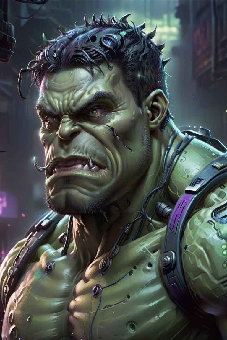 Photorealistic high-definition image of a hulk cyberpunk futuristic character, rendered in the style of nightmarish yet charming character illustrations. The composition, crafted with meticulous detail, captures the essence of the cyberpunk aesthetic with elements of realism and surrealism.,more detail XL