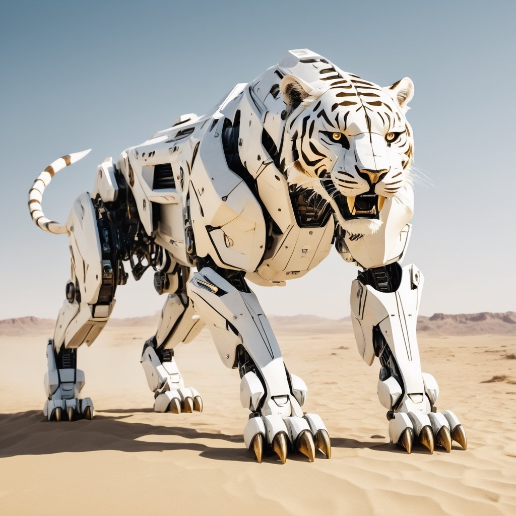 realistic photo of a futuristic neo primitive robot sabertooth tiger with mechanical joints style Zack Snyder white textur...