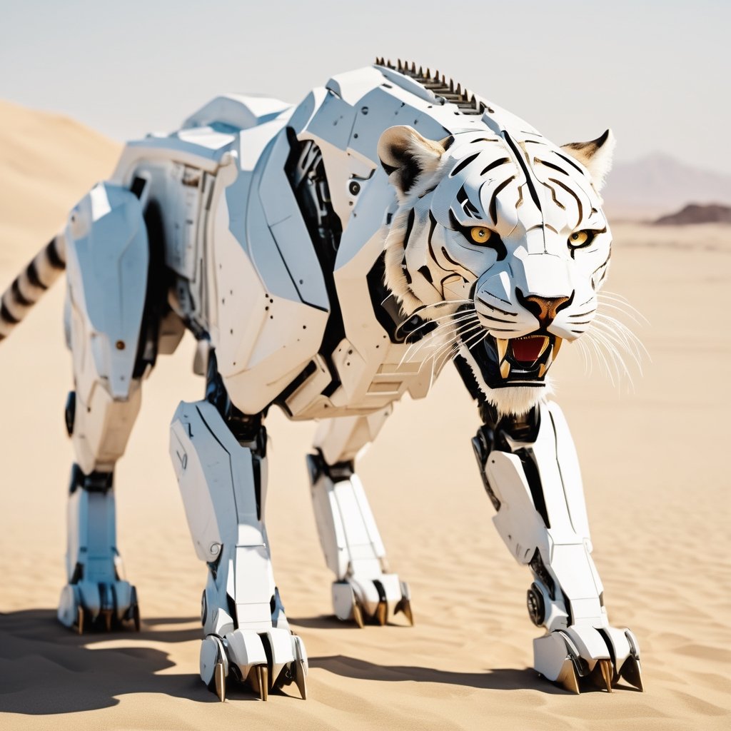 realistic photo of a futuristic neo primitive robot sabertooth tiger with mechanical joints blade runner style white textu...