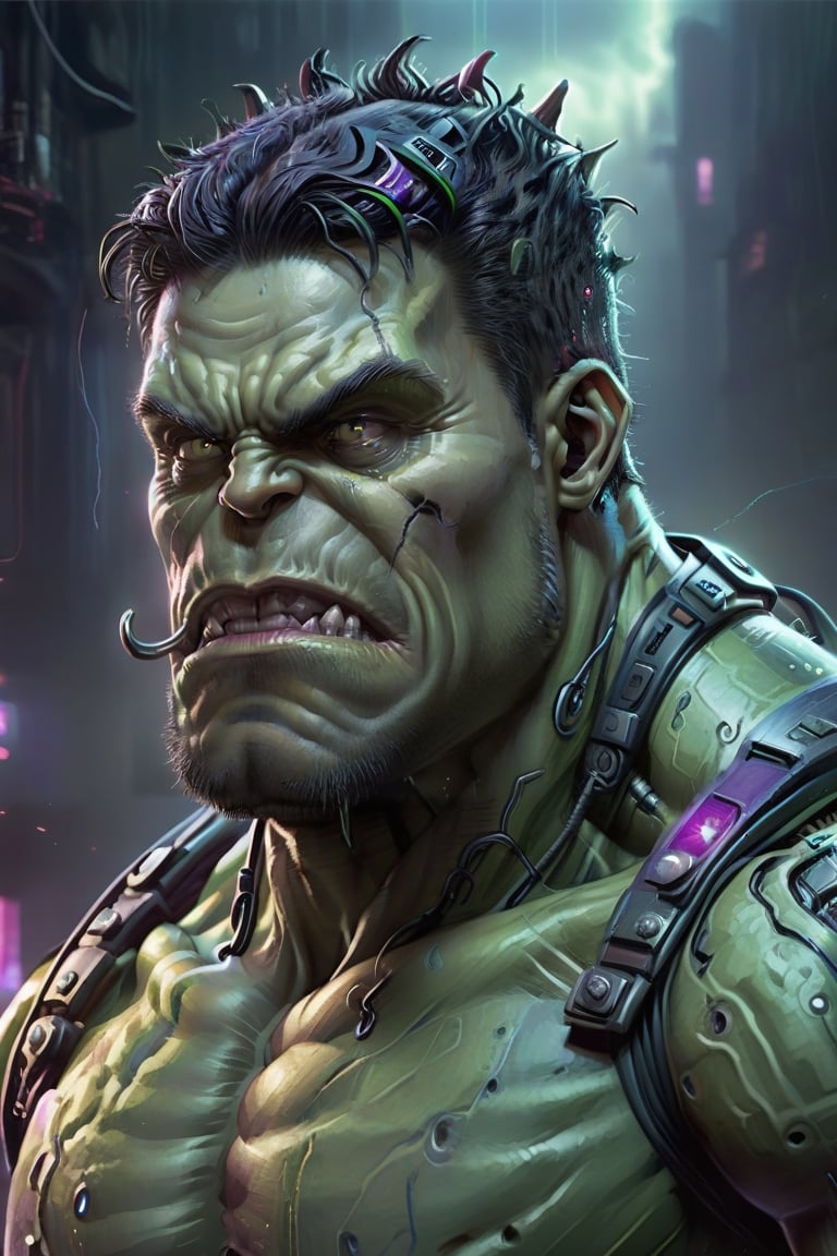 Photorealistic high-definition image of a hulk cyberpunk futuristic character, rendered in the style of nightmarish yet charming character illustrations. The composition, crafted with meticulous detail, captures the essence of the cyberpunk aesthetic with elements of realism and surrealism.,more detail XL