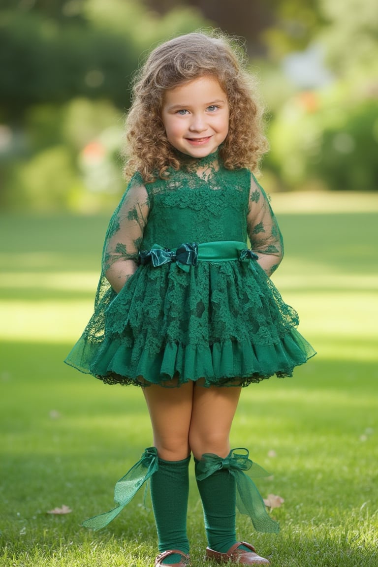 photorealistic, realistic, of photo a high quality of a 5 year-old child, happy smile, standing, front view, (((Wide angle, full body shot)))(looking at viewer:1.2),(lace overlay, jesusito dress green cotton fabric) crisp sharp eyes, (lace see-through long sleeve), Ruffle, fluffy, long sock over knee Ribbon bow and Lace Ruffle, gloves of lace, (classic brown Flats Mary Janes)(very long hair:1.2), curly messy hair, (hairclip:1.2), pale skin, Giant Gunnera manicata with intense afternoon sunlight, high definition, 24mm lens, bold shadows, rich textures