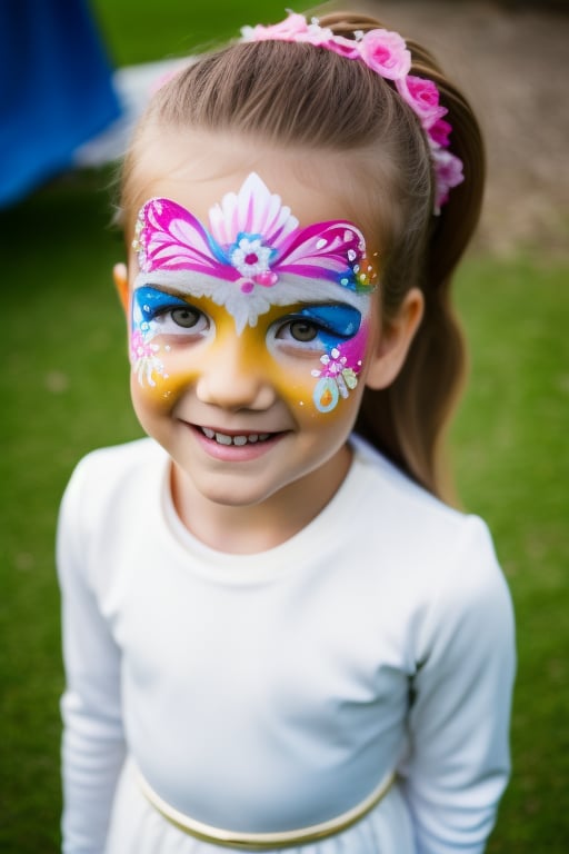 Photography hyper realistic, front view, outdoors, portrait, from above, white dress long sleeves, standing, sunny day, photo of a girl 8 year-old, blond hair, thick eyebrows, look away, very long hair, hair ornament, (facepaint:1), princess makeup, with her face painted, smiling,