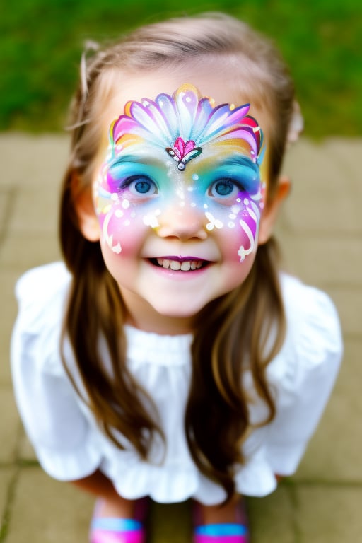 Photography hyper realistic, front view, outdoors, portrait, from above, white dress long sleeves, standing, sunny day, photo of a girl 8 year-old, blond hair, thick eyebrows, look away, very long hair, hair ornament, (facepaint:1), princess makeup, with her face painted, smiling,photorealistic