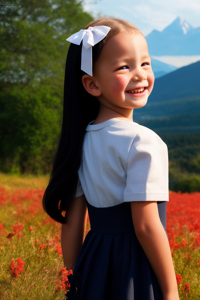 score_9, score_8_up, (upper body), 1girl 7 year-old, smile (1940s children's dress)(from back, looking at viewer, over shoulder), (long black hair) (victorian hairstyle) floting hair (hair bow) ,freckles noose, (freckles:1) super detailed skin texture, bows, sunny day, sunshine, sunlight, dramatic lighting, sharp photography, high quality UHD 8K, perfectly illumination, photorealistic, outdoors, standing, meadow full of red flowers and mountains in the distance in the background,(from back