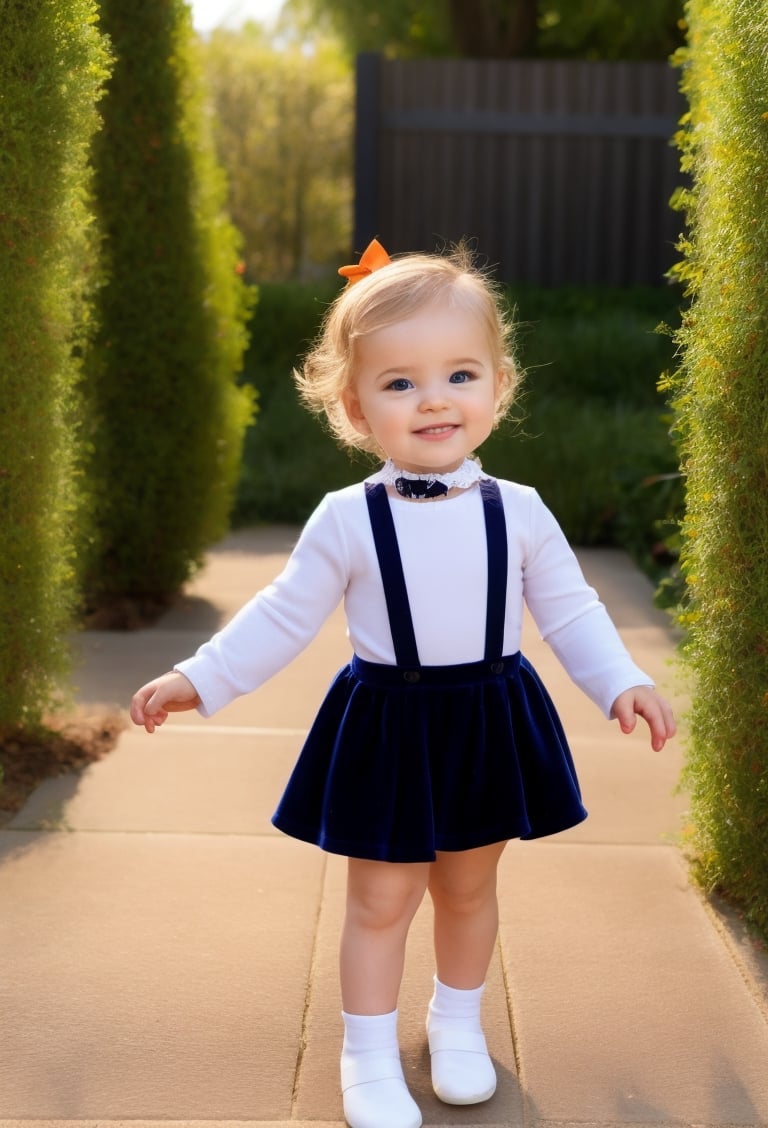 baby girl, 2 year-old, full body, orange velvet mini skirt, skirt suspender, suspender, tulle sleeves, white shirt, collar bib, lace, secret garden background, looking at viewer, white hair, Long messy Wavy Hair, hair bow, long sleeves, black shoes, realistic, sunny day, soft smile, MSWS