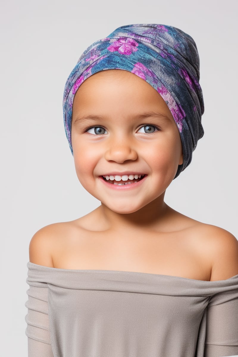 photorealistic, upper body, stand, 1girl 7 year-old, (smile, happy, grin, open mouth, beautiful gray eyes), thick eyebrows (Turbant:1.2), super detailed skin texture, looking at viewer, black hair, off shoulder floral dress bright and very colorful, silver blue, photo studio, dark simple blurred background, perfectly illumination,turbant