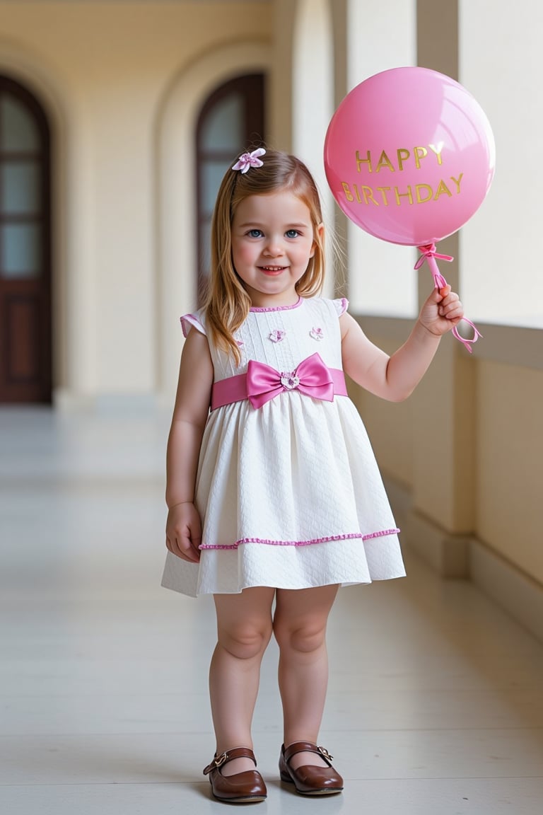 photorealistic, realistic, of photo a high quality of a 8 year-old child, happy smile, standing, front view, (((Wide angle, full body shot)))(looking at viewer:1.2),(ljesusito dress) crisp sharp eyes, Ruffle, fluffy, (classic brown Flats Mary Janes)(very long hair:1.2), redhead straight hair, (hairclip:1.2), pale skin, Giant Gunnera manicata with intense afternoon sunlight, high definition, 24mm lens, bold shadows, rich textures She holds a pink balloon that says in elegant gold letters "HAPPY BIRTHDAY",Enhanced all