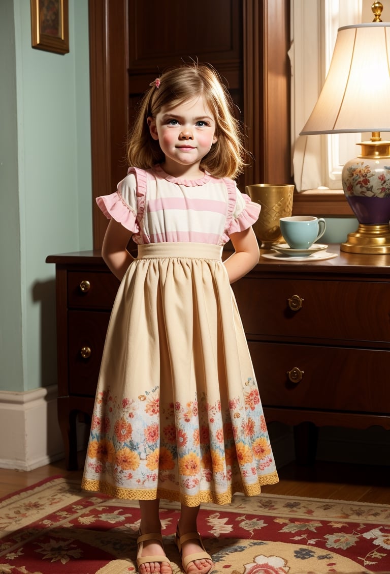 style by william morris art, classic living room, little girl 8 year-old caucacian white skin ((looking at viewer)) full body (high quality, very_high_resolution), vintage, floral pattern, vintage bed, chair, walls, carpets, door, window, nightstand, lamp, William Morris Art, William Morris Art,texture wm,floral pattern,nature,texture,vintage,child