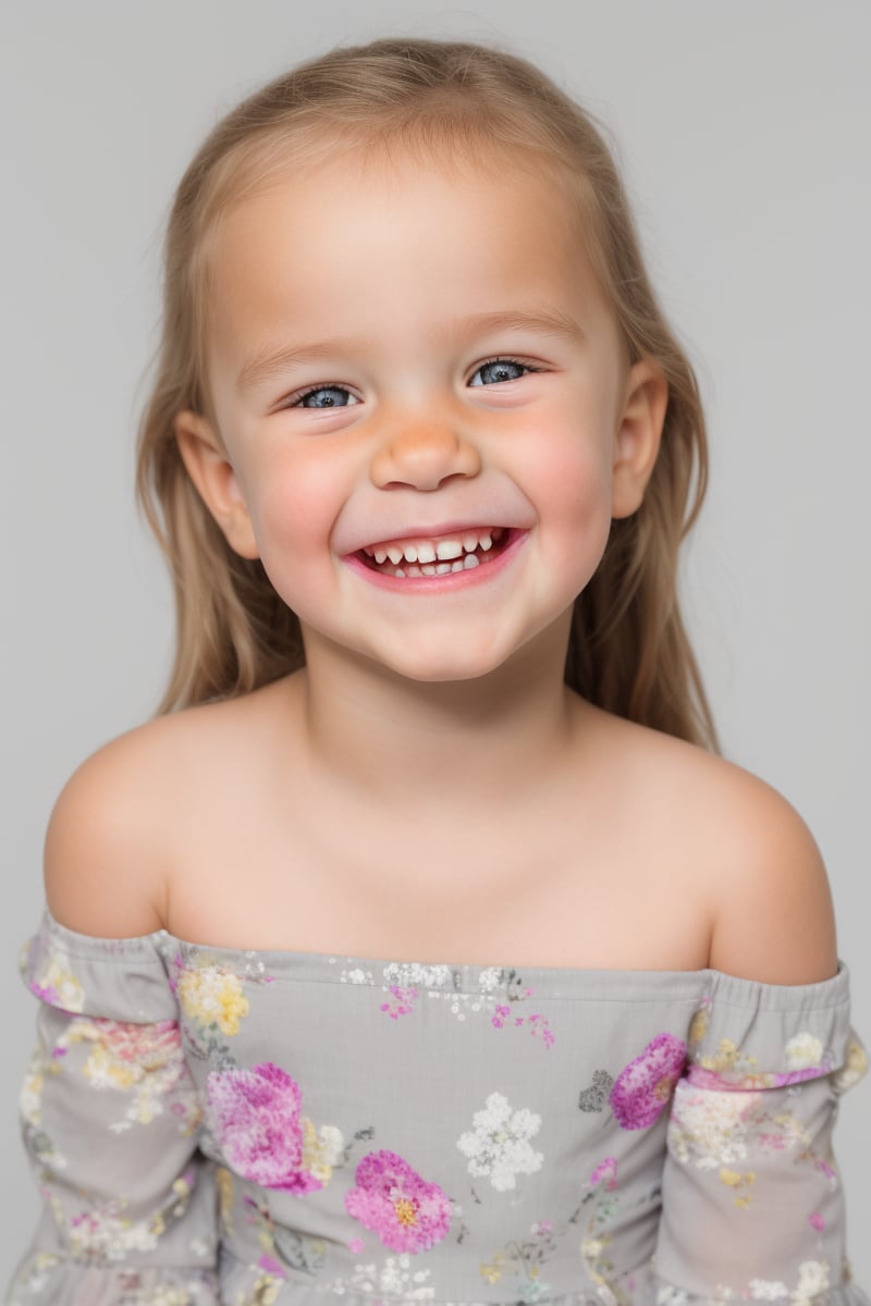 photorealistic, portrait, upper body, stand, 1girl 7 year-old, thick eyebrows, (smile, happy, grin, open mouth, beautiful gray eyes) missing teeth, super detailed skin texture, looking at viewer, blond hair, long hair, off shoulder floral dress bright and very colorful, silver blue, photo studio, dark simple blurred background, perfectly illumination,