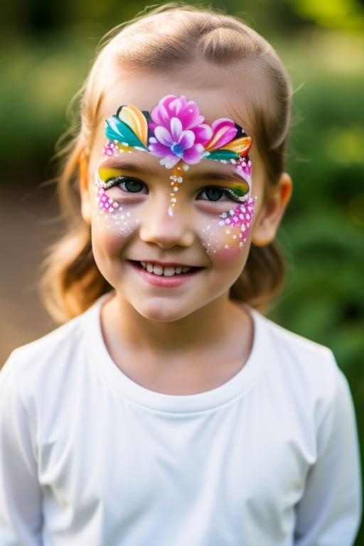 Photography hyper realistic, front view, outdoors, portrait, from above, white dress long sleeves, standing, sunny day, photo of a girl 8 year-old, blond hair, thick eyebrows, look away, very long hair, hair ornament, (facepaint:1), princess makeup, with her face painted, smiling,