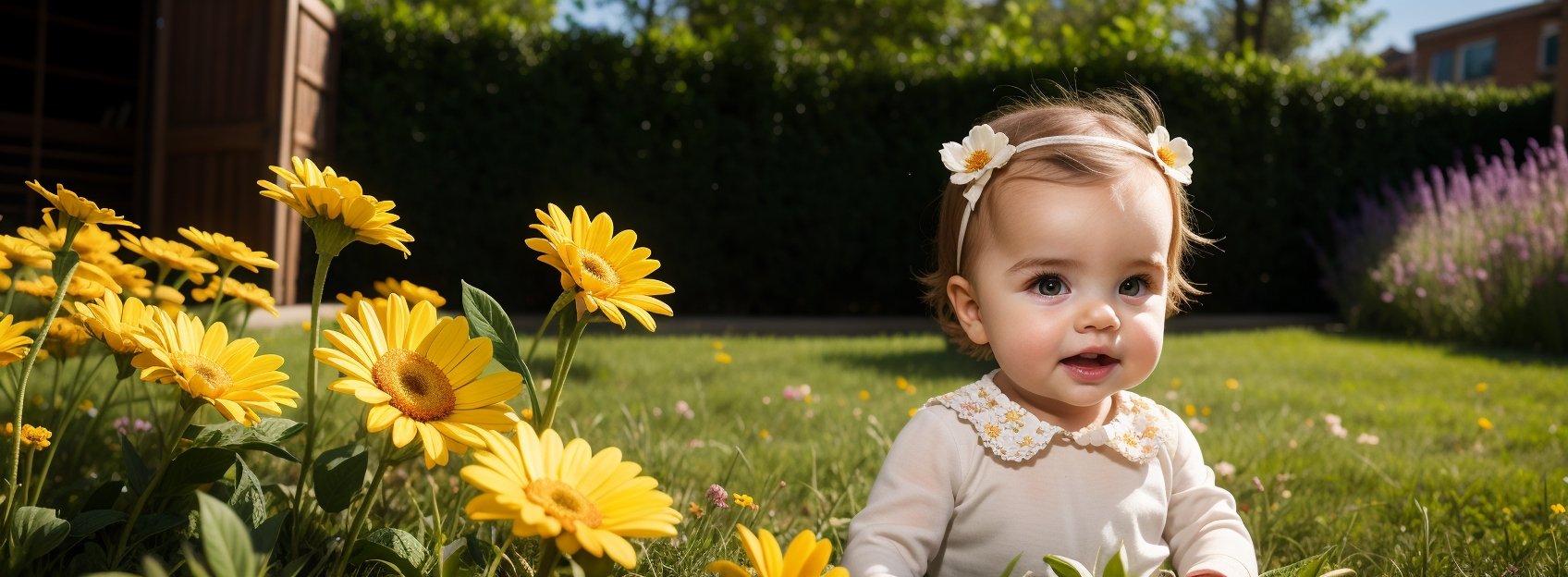 upper body, baby girl 1 year-old, vintage dress, long sleeves, collar lace, blond hair, outdoors, garden flowers blurred background, perfectly illumination,vdress