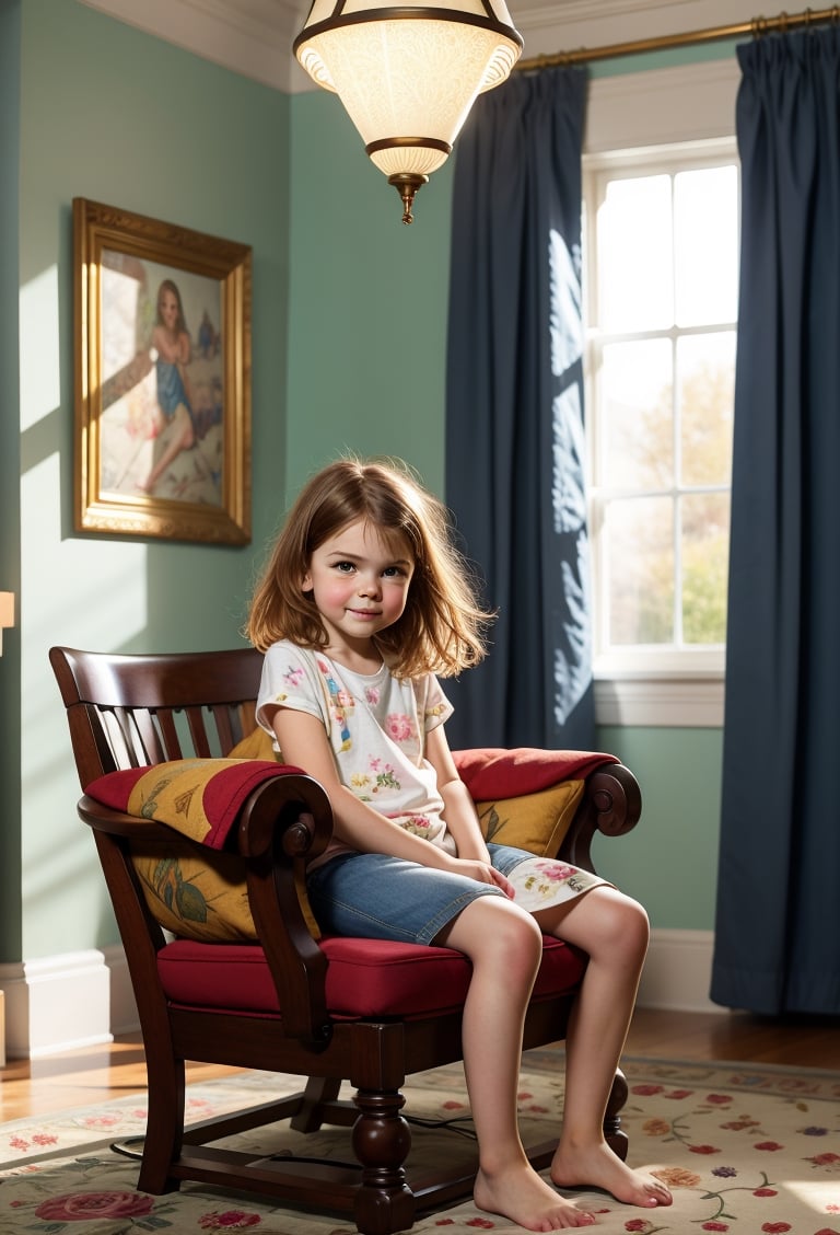 style by william morris art, classic living room, little girl 8 year-old caucacian white skin, white hair, Long messy Wavy Hair, ((looking at viewer)) full body (high quality, very_high_resolution), vintage, floral pattern, vintage bed, chair, walls, carpets, door, window, nightstand, lamp, William Morris Art, William Morris Art,texture wm,floral pattern,nature,texture,vintage,child