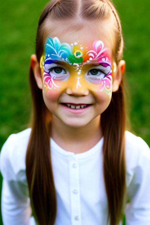 Photography hyper realistic, front view, outdoors, portrait, from above, white dress long sleeves, standing, sunny day, photo of a girl 8 year-old, blond hair, thick eyebrows, look away, very long hair, hair ornament, (facepaint:1), princess makeup, with her face painted, smiling,photorealistic