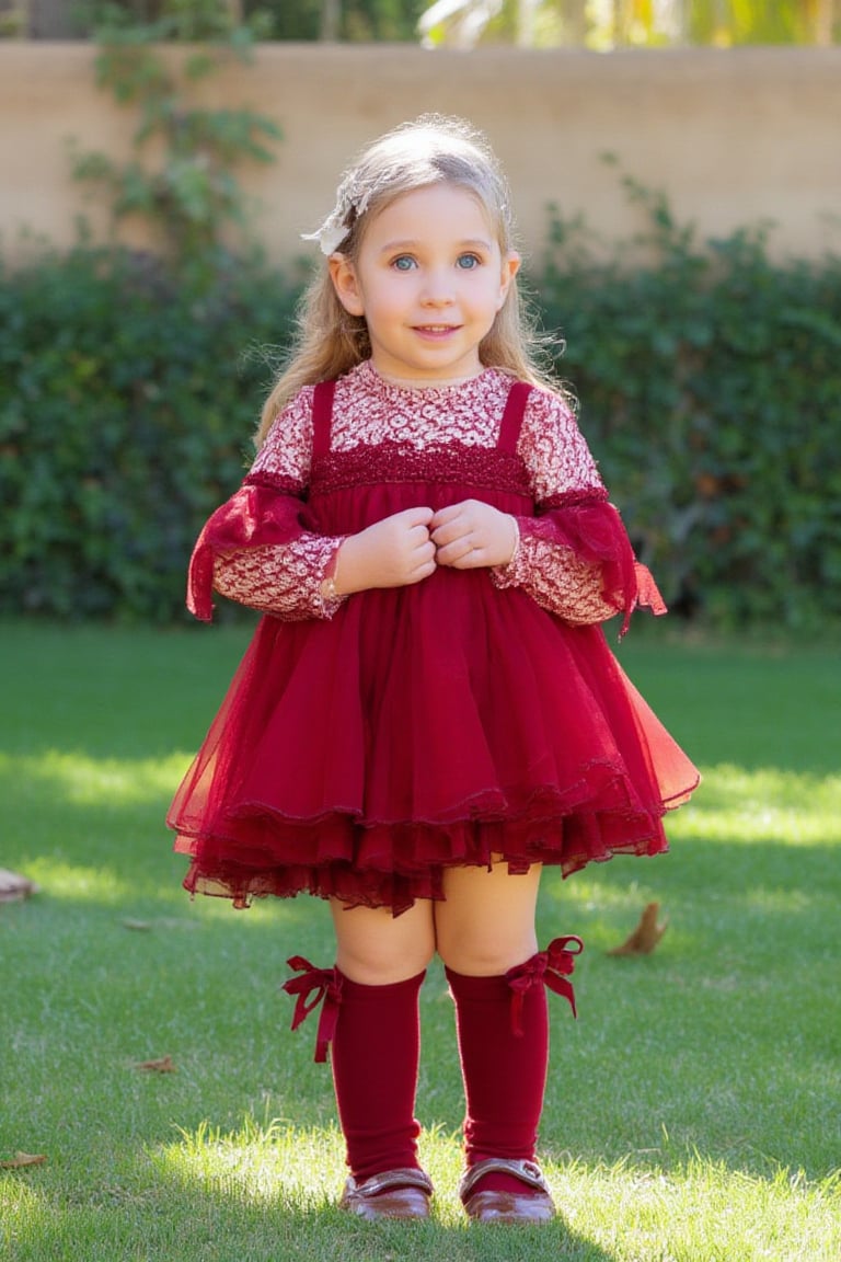 photorealistic, realistic, of photo a high quality of a 5 year-old child, happy smile, standing, front view, (((Wide angle, full body shot)))(looking at viewer:1.2),(lace overlay, jesusito dress red velvet fabric) crisp sharp eyes, (lace see-through long sleeve), Ruffle, fluffy, long sock over knee Ribbon bow and Lace Ruffle, (classic brown Flats Mary Janes)(very long hair:1.2), straight hair, (hairclip:1.2), pale skin, Giant Gunnera manicata with intense afternoon sunlight, high definition, 24mm lens, bold shadows, rich textures