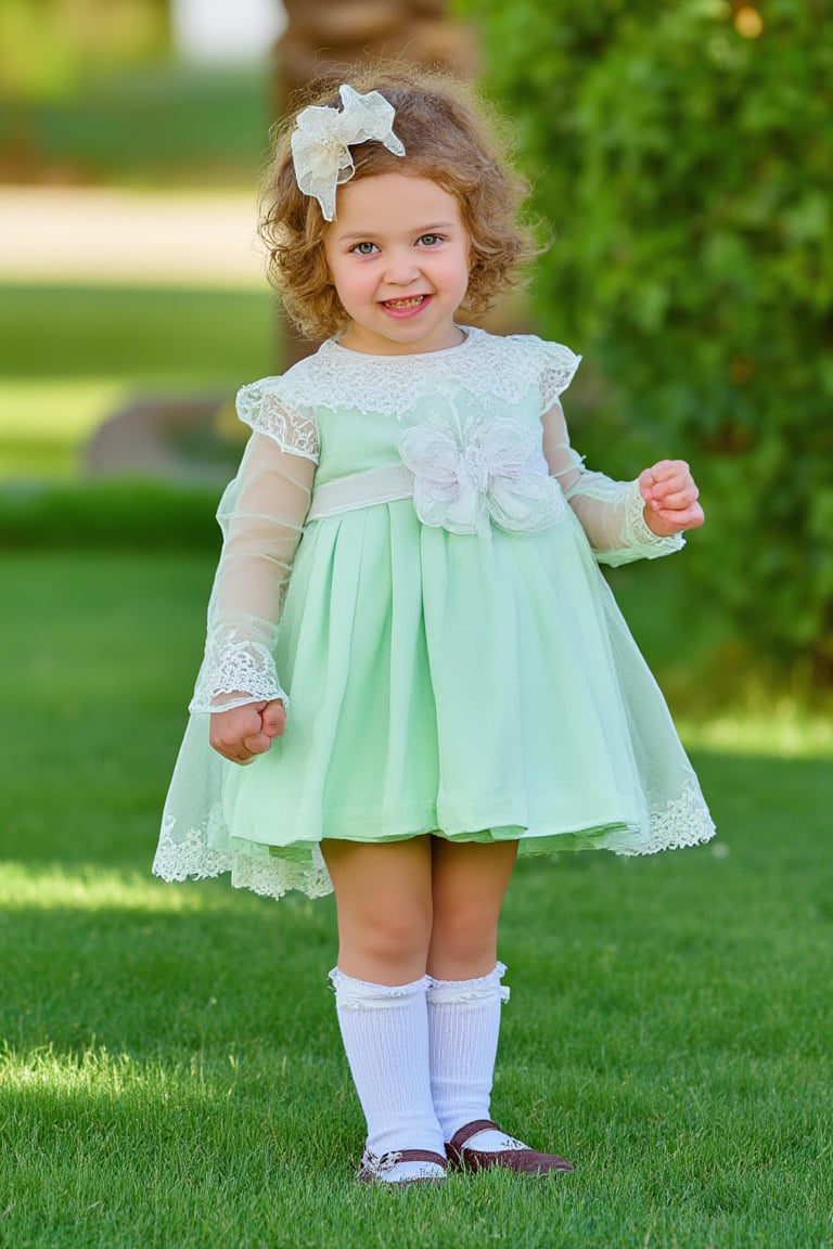 photorealistic, realistic, of photo a high quality of a 5 year-old child, happy smile, standing, front view, (((Wide angle, full body shot)))(looking at viewer:1.2),(lace overlay, jesusito dress green cotton fabric) crisp sharp eyes, (lace see-through long sleeve), Ruffle, fluffy, long sock over knee Ribbon bow and Lace Ruffle, (classic brown Flats Mary Janes)(very long hair:1.2), curly messy hair, (hairclip:1.2), pale skin, Giant Gunnera manicata with intense afternoon sunlight, high definition, 24mm lens, bold shadows, rich textures