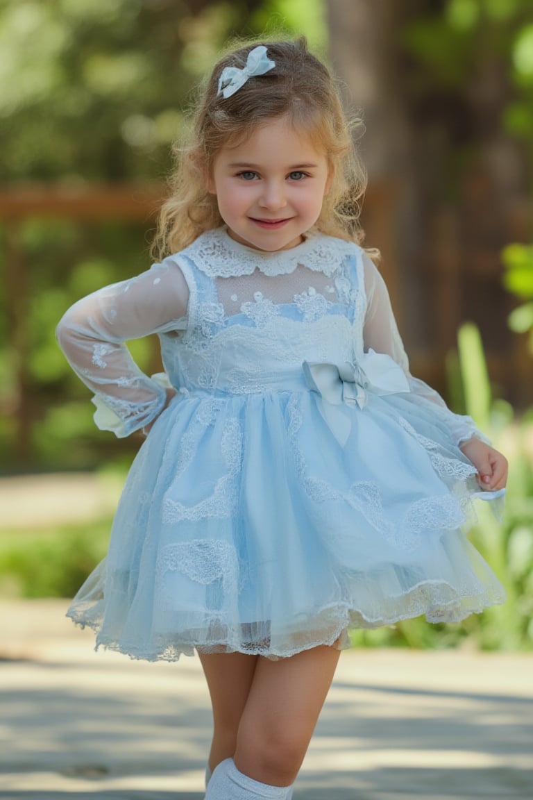 photorealistic, realistic, of photo a high quality of a 5 year-old child, happy smile, standing, front view, (((Wide angle, full body shot)))(looking at viewer:1.2),(lace overlay, jesusito dress sky blue cotton fabric) crisp sharp eyes, (lace see-through long sleeve), Ruffle, fluffy, long sock over knee Ribbon bow and Lace Ruffle, (classic brown Flats Mary Janes)(very long hair:1.2), curly messy hair, (hairclip:1.2), pale skin, Giant Gunnera manicata with intense afternoon sunlight, high definition, 24mm lens, bold shadows, rich textures