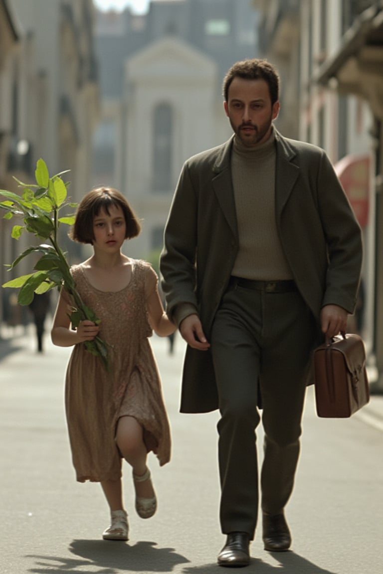 A 12-year-old girl Mathilda and a 40-year-old man Léon, walking in the middle of the street, carrying a plant in their arms, the man is carrying a leather briefcase, blurred background, 80s cinematic lighting,Mthlda,leonthepro