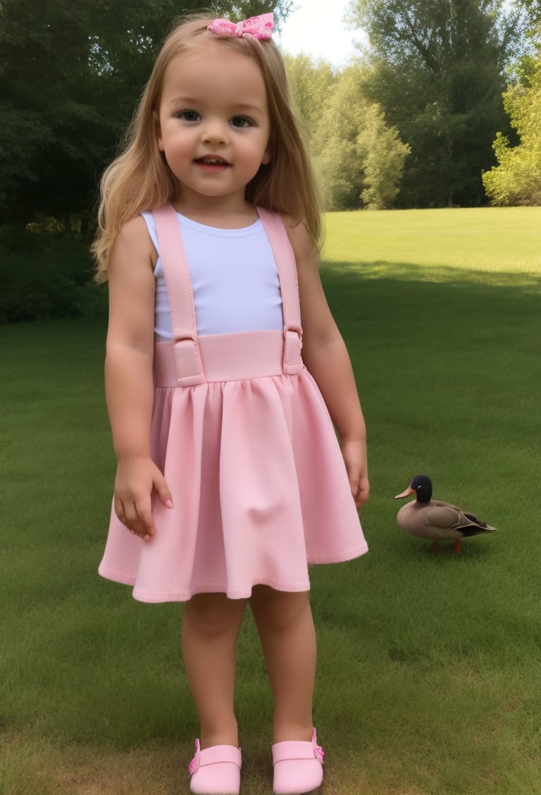 (full body photo of a toddler girl 5 year-old), perfect face, standing on the grass near a pond, there are ducks, many bushes and trees in the background, white hair, Long messy Wavy Hair, hair bow,  realistic, skirt suspenders, best possible lighting, detailed face, thick and detailed hair, lips,MSWS,William Morris Art