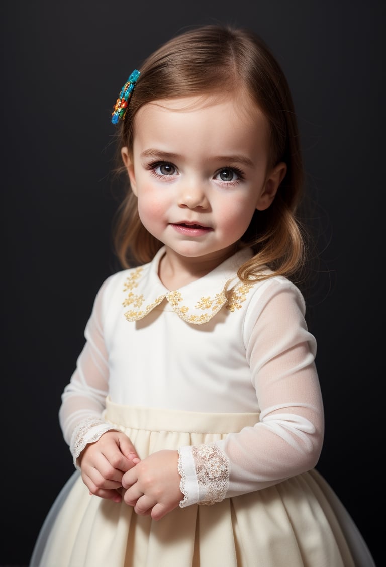 upper body, toddler girl 6 year-old, vintage dress, long sleeves, collar lace, blond hair, photo studio, dark simple blurred background, perfectly illumination,vdress