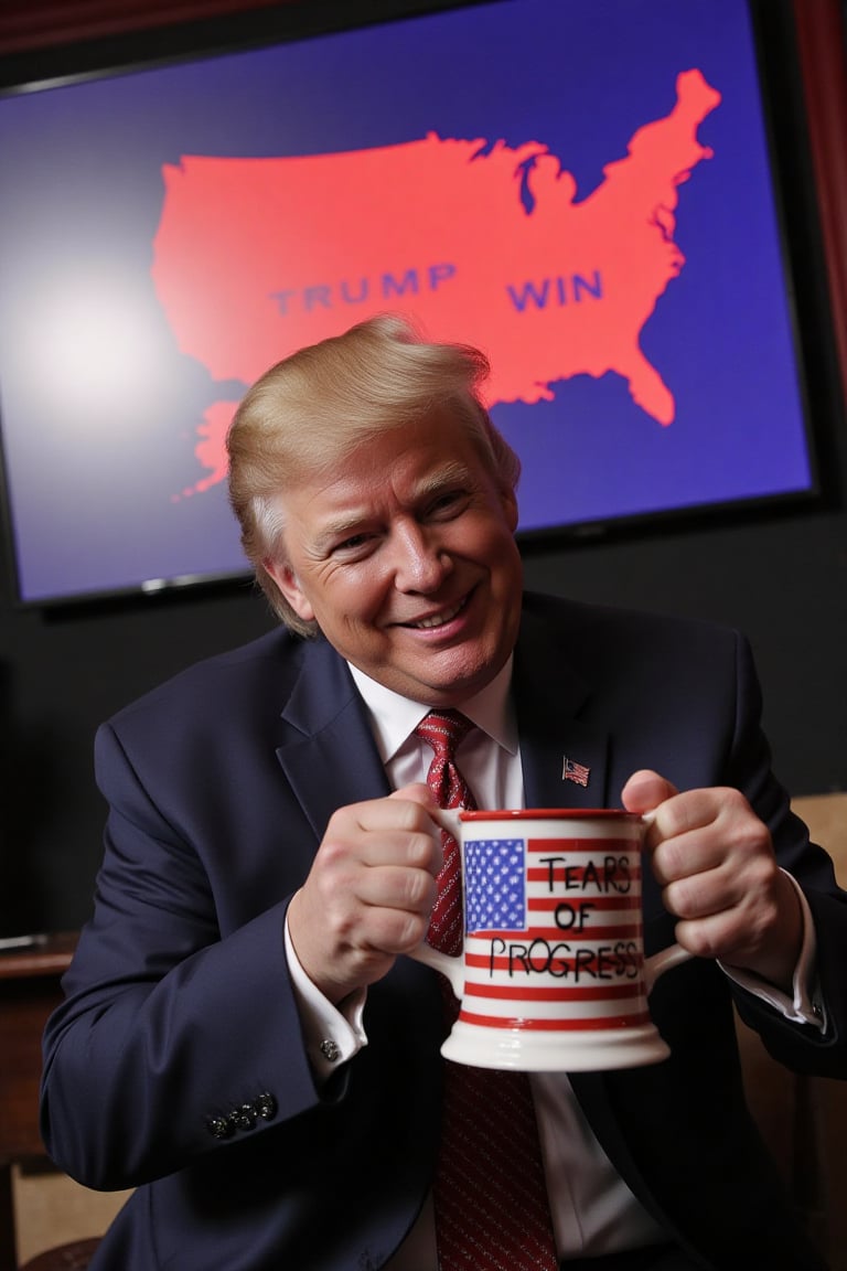 photography, Donald Trump smiling Holds a mug painted with the American flag that says "TEARS OF PROGRESS" ,behind him a screen with map of the United States in red it says "TRUMP WIN" 