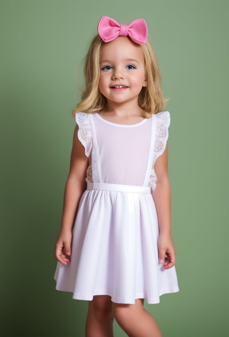 full body portrait of a toddler girl 5 year-old, perfect face, single background, white hair, Long messy Wavy Hair, hair bow,  realistic, skirt suspenders, best possible lighting, detailed face, thick and detailed hair, lips,MSWS