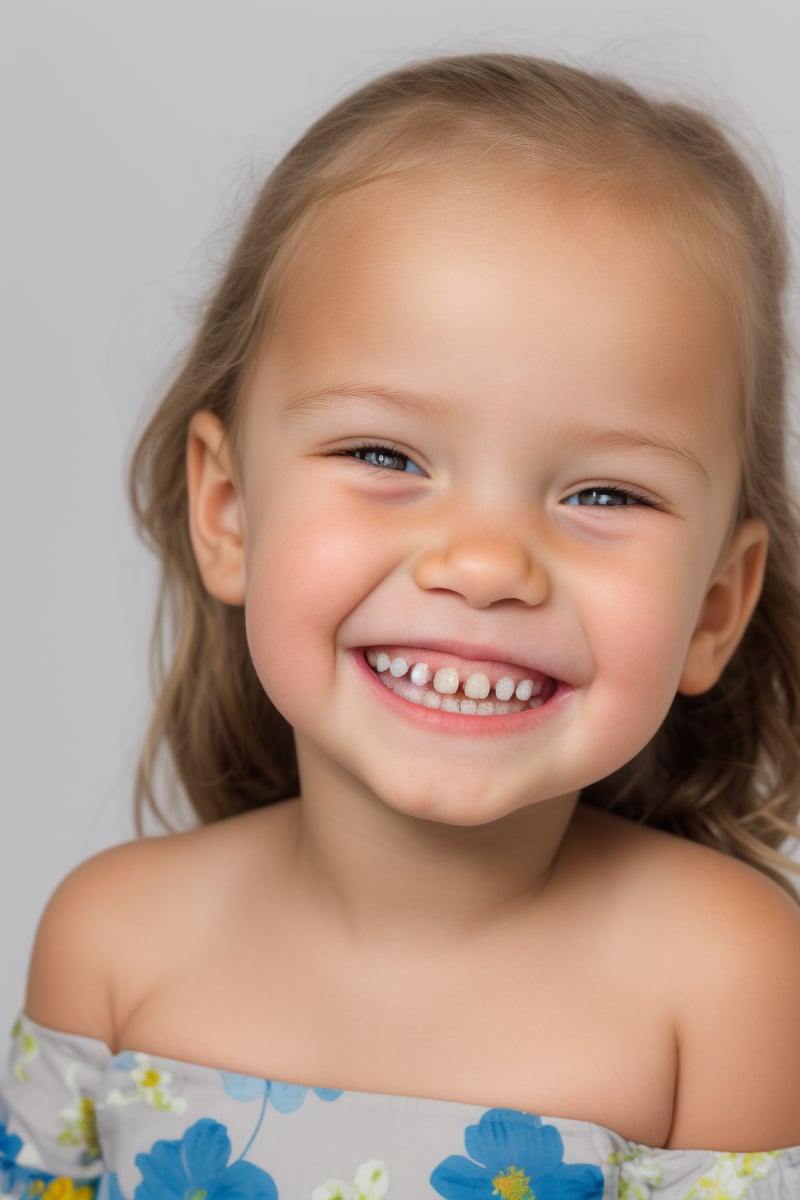 photorealistic, portrait face, stand, 1girl 7 year-old, thick eyebrows, (smile, happy, grin, open mouth, beautiful gray eyes) missing teeth, super detailed skin texture, looking at viewer, blond hair, long hair, off shoulder floral dress bright and very colorful, silver blue, photo studio, dark simple blurred background, perfectly illumination,