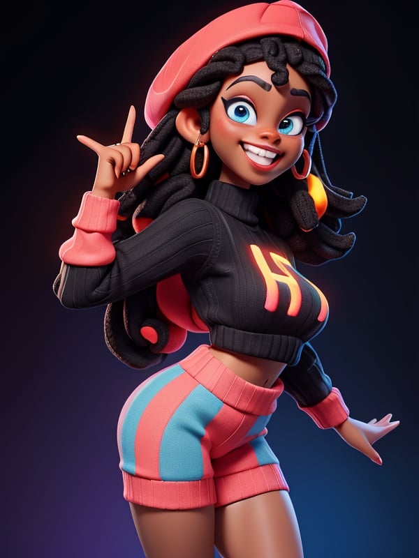 3DMM,backwards cap ,cartoon, portrait of a (((black woman young))), full body, long shot, (neon lights:1.1), glowing colors, (thepit bimbo:0.9), glossy, sexy, (((virgin destroyer sweater))), underboob, Face Expression Playful Naughty, (((Raised eyebrow and one lowered))), seductive smile, (((backwards cap))), blue eyes, (((multicolored dreadlocks hair))), plump lips, excited, looking at the viewer, [(colorful explosion psychedelic paint colors:1.1)::0.125], iridescent, chromatic aberration, studio lights, bright light, glowing skin, realistic, photo-realistic, 8k, highly detailed, led light, laser lights,fruit-flavored,cartoon ,real,backwards cap
