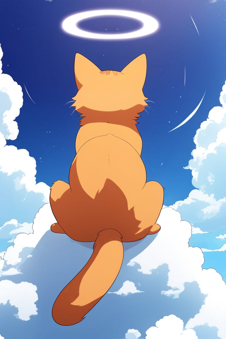 an all orange cat sitting on a cloud in a blue sky. white halo on its head. style of anime, back to back