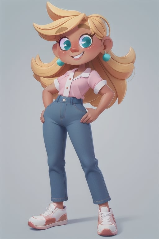 masterpiece, best quality, full body, 1girl, older, (short height:1.2), blond hair, white skin, large smile, pink blouse, blue pants, white sneakers, green eyes, freckles