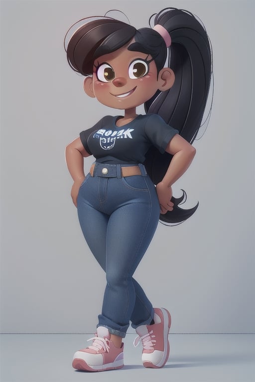 masterpiece, best quality, full body, white girl, short, petit, chubby, black hair, straight hair, large hips, long_ponytail, brown eyes, smiling, a blue jeans pants, a black t-shirt, a pink sneakers