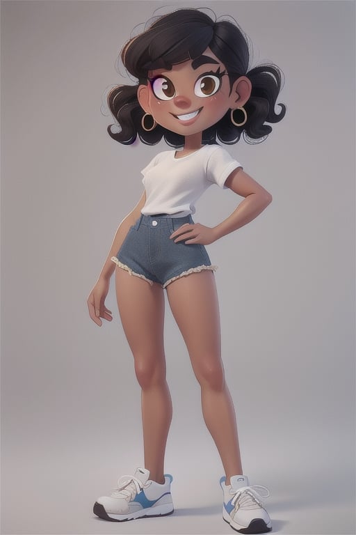 masterpiece, best quality, full body, latin girl, skinny, black hair, wavy hair, short hair, brown eyes, jeans shorts, white t-shirt, white sneakers, smiling 