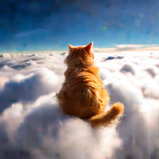 an all orange cat sitting on a cloud, with his back to the camera 