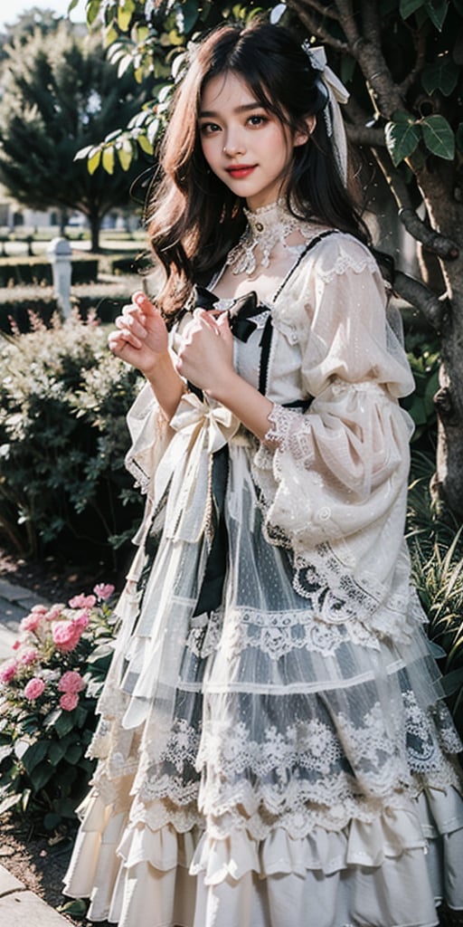 realistic, photorealistic, masterpiece, best quality, 1girl, solo,dynamic pose, looking at viewer, smile, lolita_dress, natural lighting, garden in the background, depth of field, pureerosface_v1, 
