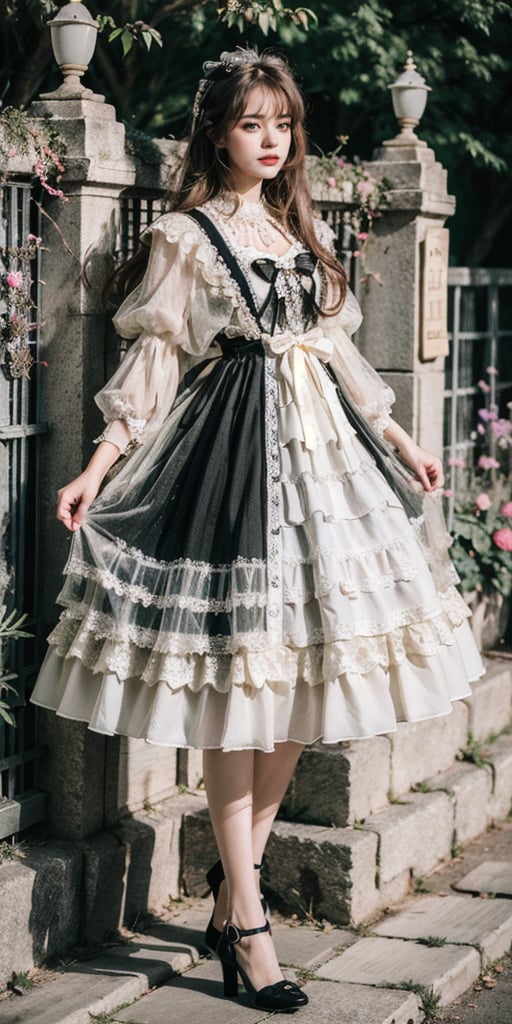 realistic, photorealistic, masterpiece, best quality, top quality, ultra high res, lolita_dress, 1girl, solo, slim, looking at viewer, full body, long hair, standing, dynamic pose, detailed background, in garden, castle, netural lighting, (pureerosface_v1:0.5),lolita_dress