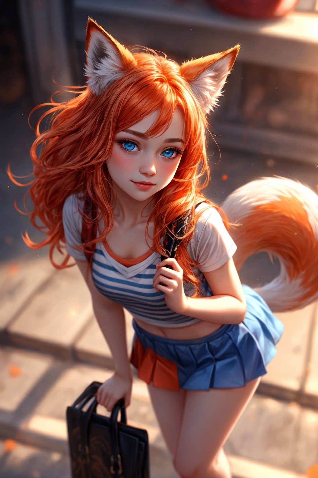 masterpiece, best quality, fox girl, elegant, 1girl, fox ears, fox tail, cute, blushed, looking at viewer, from above, orange hair, mini skirt, white and red striped T-shirt, blue eyes,1 girl