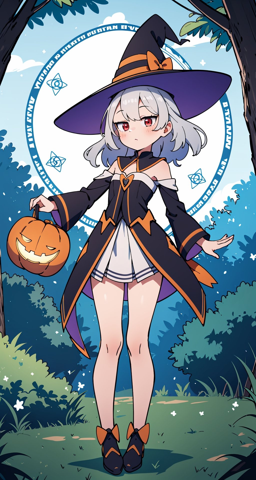 (absurdres, highres, ultra detailed, perfect anatomy:1.2), anime, fullbody, halloween, BREAK
(1girl:1.2), solo, flat chest, waved hair, silver hair, bob hair, (red eyes:1.1), (Magic Circle:1.4), (Witch, Tree)