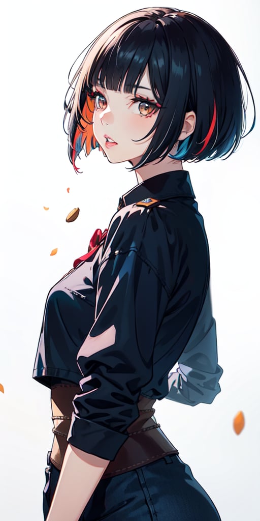 1 teen girl,solo, upper body,looking at viewer, white background, bob cut, short hair, multicolored hair, makeup , pretty brown eyes, parted lips, almond shaped lips, eyeliner, ,walkure /(takt op./)