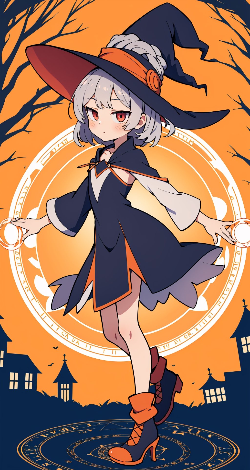 (absurdres, highres, ultra detailed, perfect anatomy:1.2), anime, fullbody, halloween, BREAK
(1girl:1.2), solo, flat chest, waved hair, silver hair, bob hair, (red eyes:1.1), (Magic Circle:1.4), (Witch, Tree)