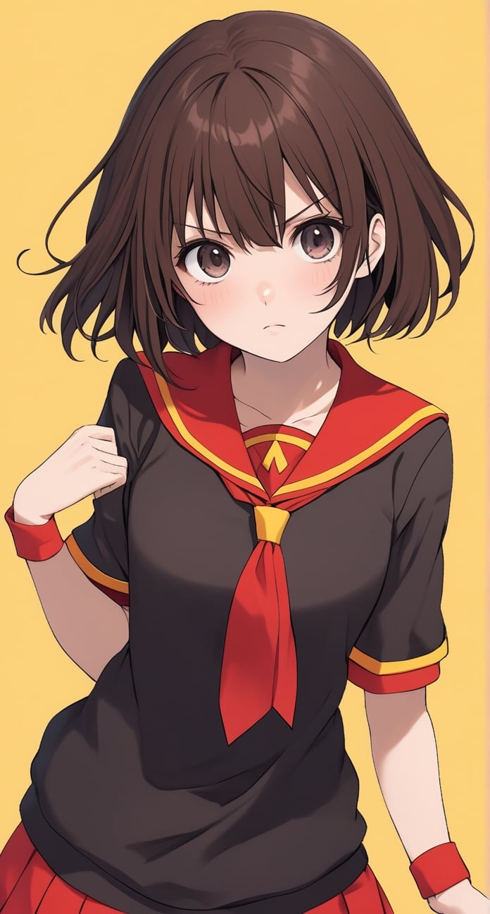 Megumin, posing with a dramatic expression, pastel colors, short-hair, brown_hair, school_girl,