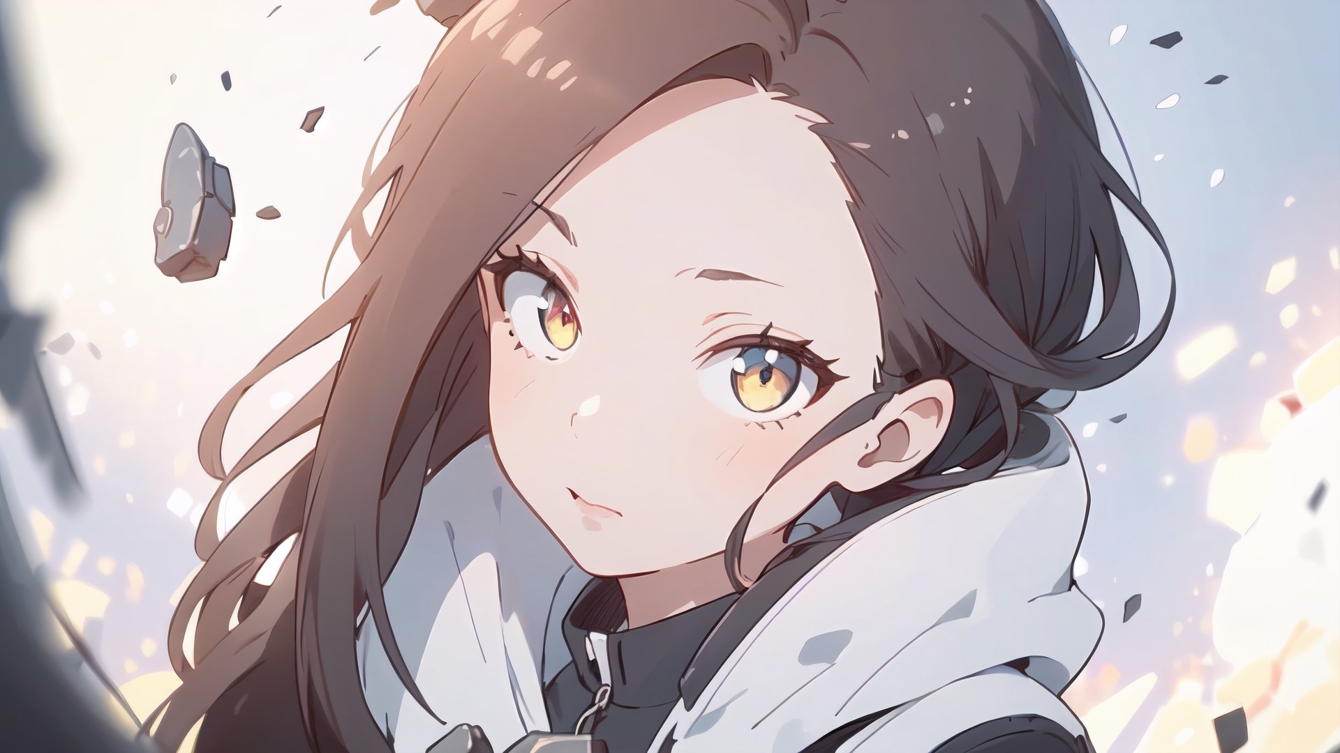 girl, long dark brown hair, detailed tips, dark brown pupil, almond lips, futuristic jacket, Closed mouth, mechanomancer, 

(masterpiece, best quality, hires, high resolution:1.2), (beautiful, aesthetic, perfect, delicate, intricate:1.2), (depth of field:1.2),KunoTsubakiv1,In the style of gravityfalls