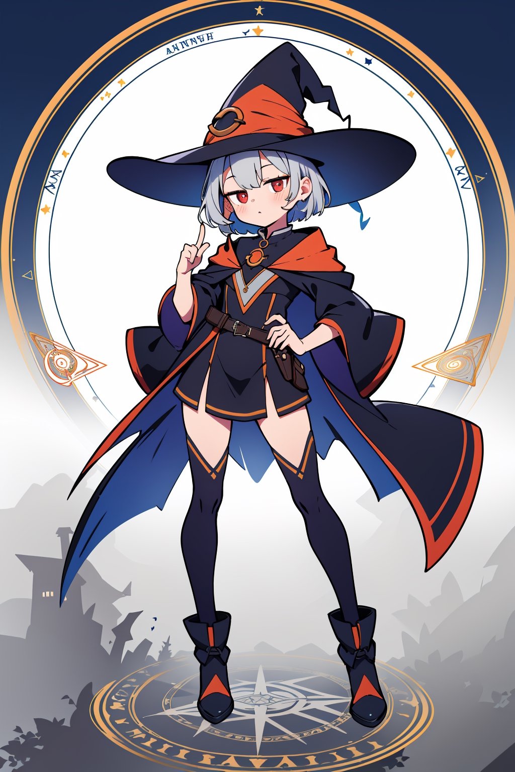 (absurdres, highres, ultra detailed, perfect anatomy:1.2), anime, fullbody, halloween, BREAK
(1girl:1.2), solo, flat chest, waved hair, silver hair, bob hair, (red eyes:1.1), (Magic Circle:1.4), (Witch, Tree)