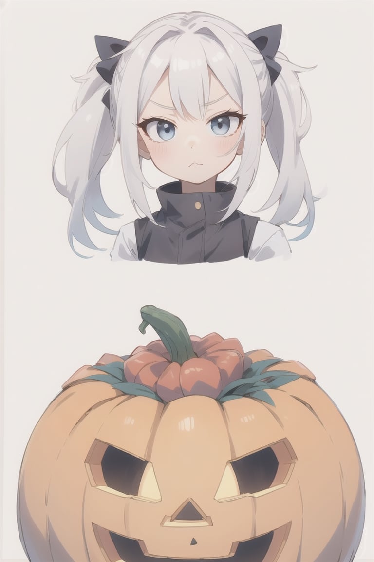 a pumpkin with long pigtails, white hair, adorable expressions, pouting expression,
,KunoTsubakiv1