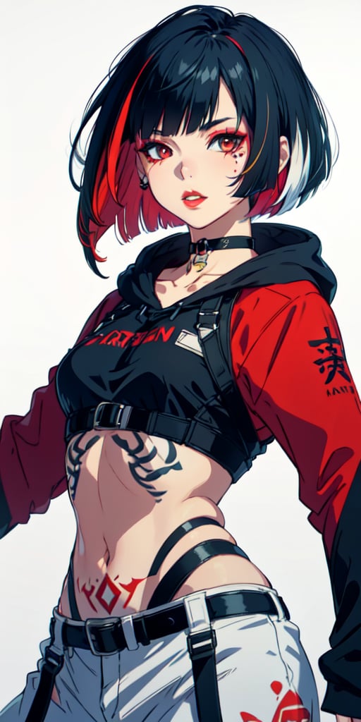  (large sweatshirt), 1 teen girl, female_solo, upper body,looking at viewer, small breasts, (dynamic pose), white background, bob cut, short hair, multicolored hair, makeup, parted lips, red lips, eyeliner, walkure /(takt op./), choker, harnesses, warrior tattoos